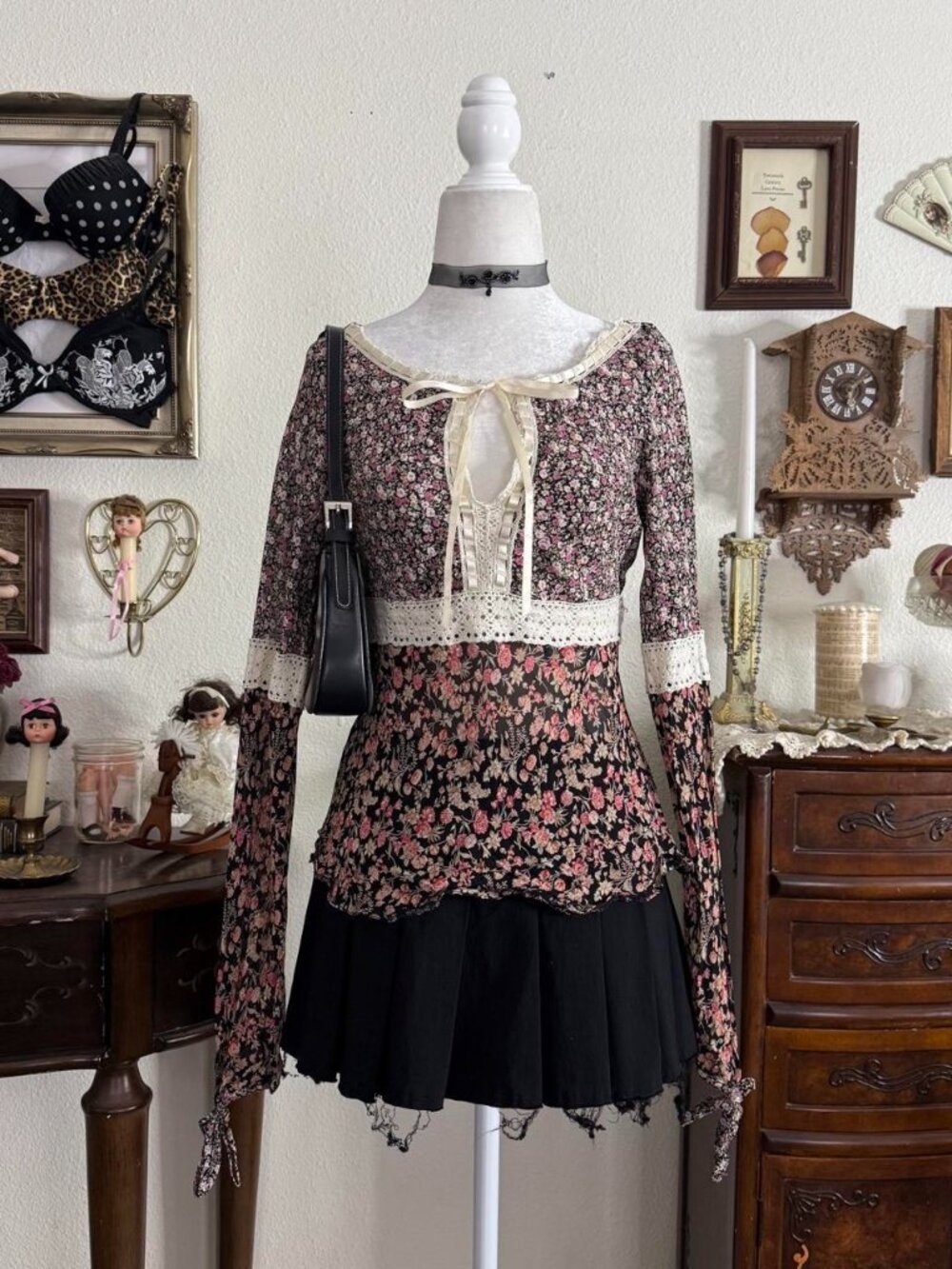 Y2k euro fashion prairie style floral patchwork sheer blouse w crochet details